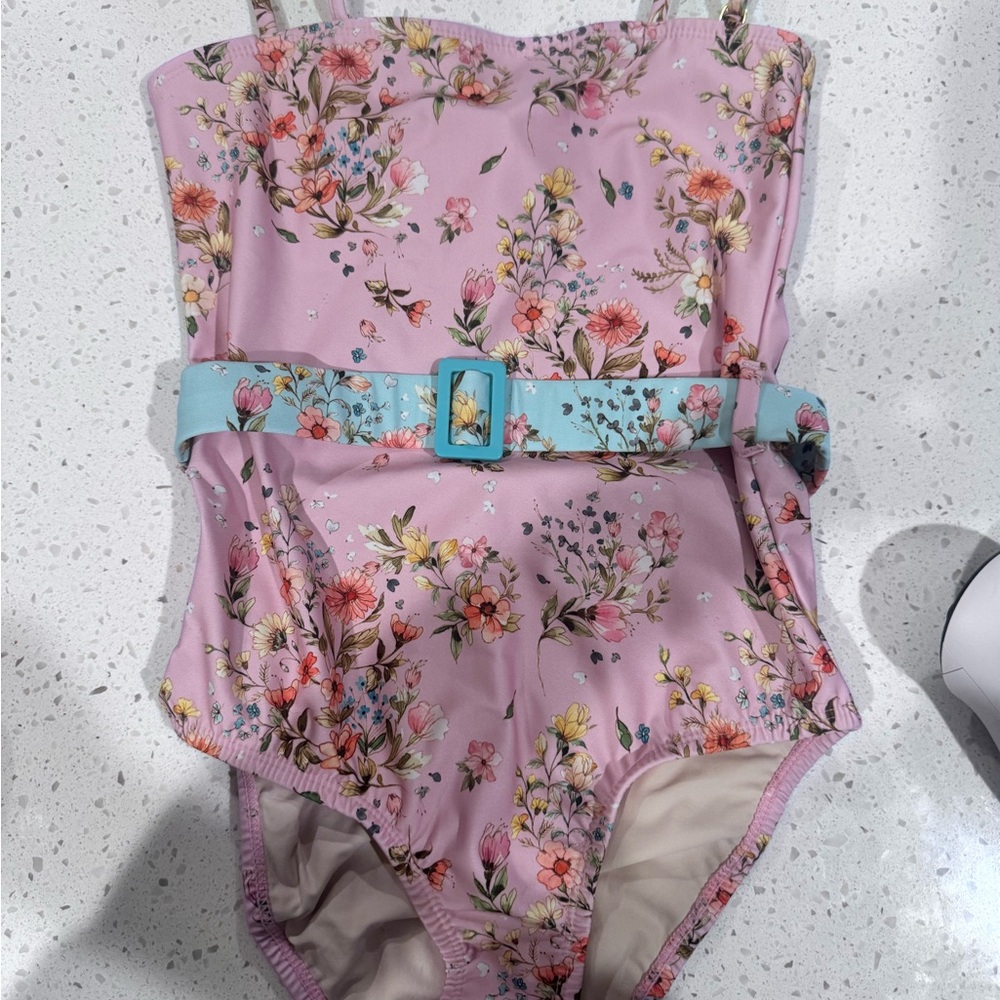 Floral Pink Swimsuit with Blue Belt